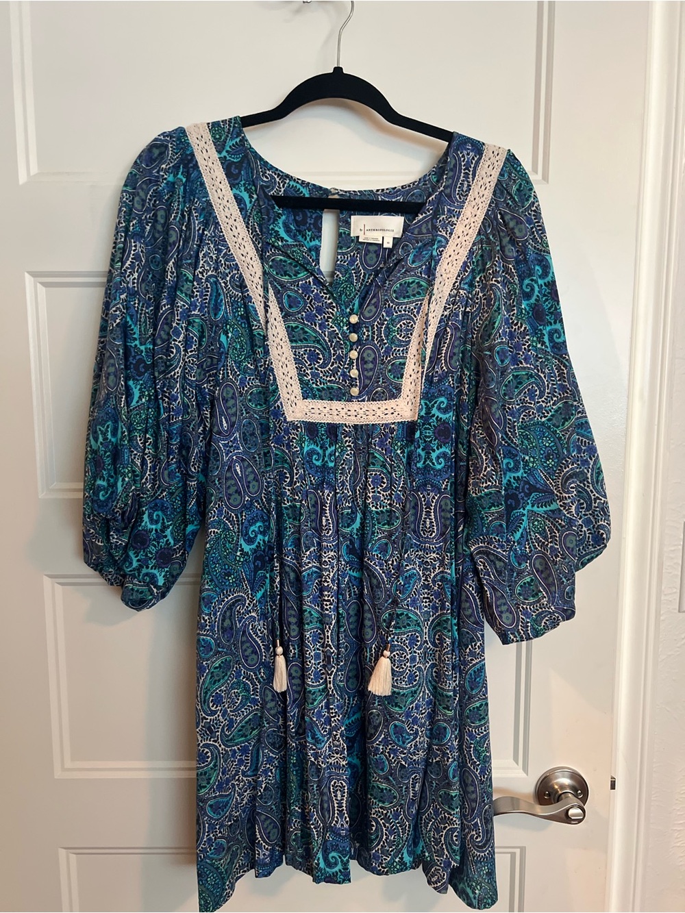 Free People sz XS Blue Paisley Boho Dress with Lace Trim